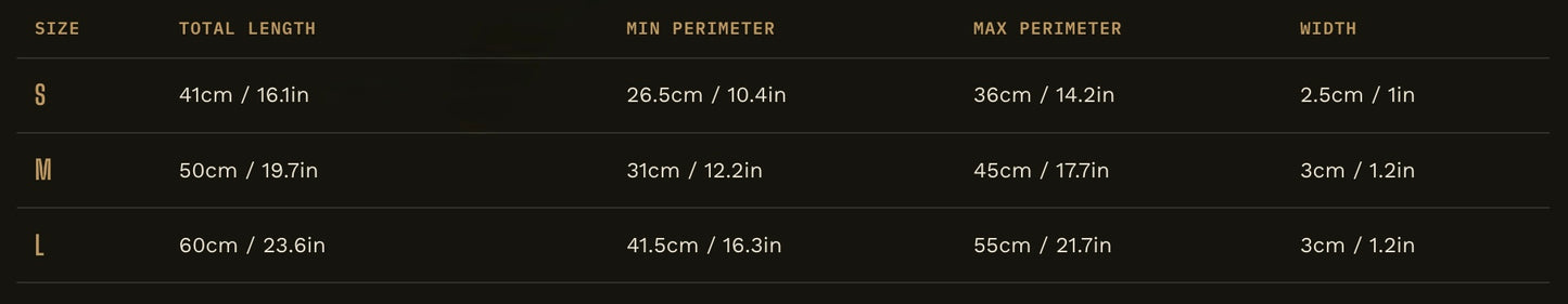 Size chart table for Midori AirTag dog collar ensuring a perfect fit for your dog