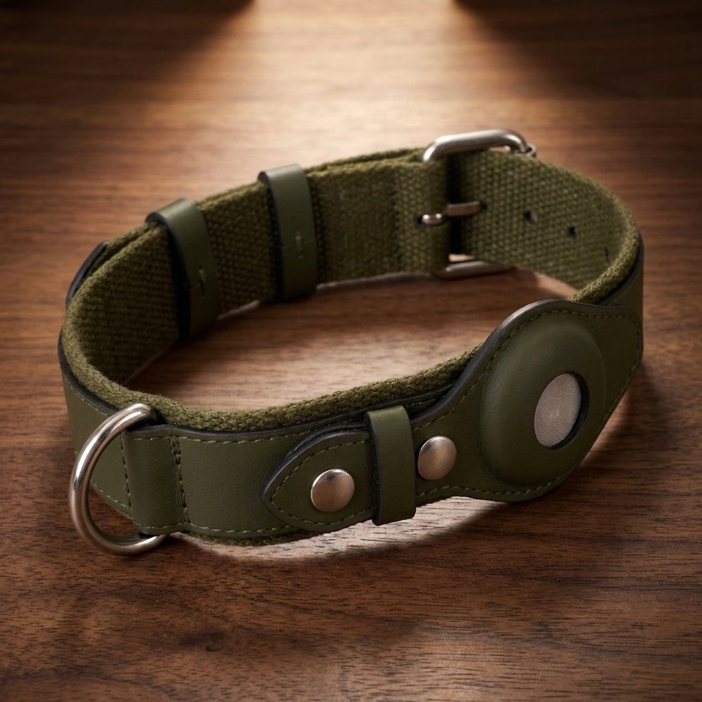 Premium Genuine Leather AirTag Dog Collar – Secure Anti-Loss Tracker Holder
