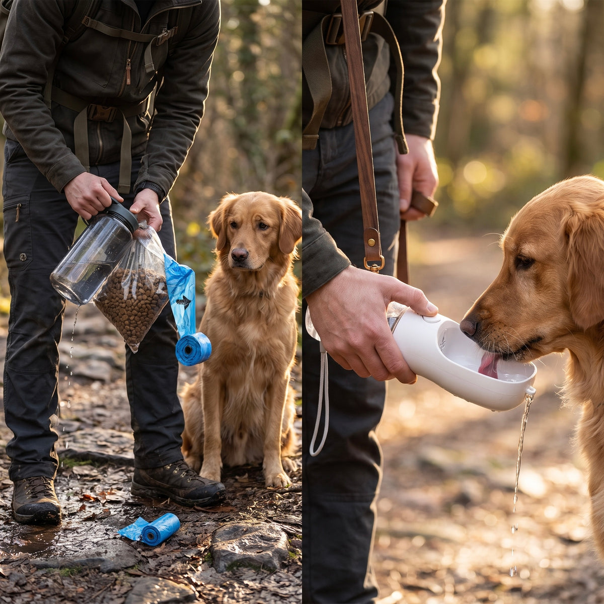 idori 3-in-1 dog adventure flask demonstrating hidden snack compartment and built-in poop bag dispenser