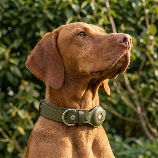 Brown dog wearing Midori Forest Green AirTag collar in the woods