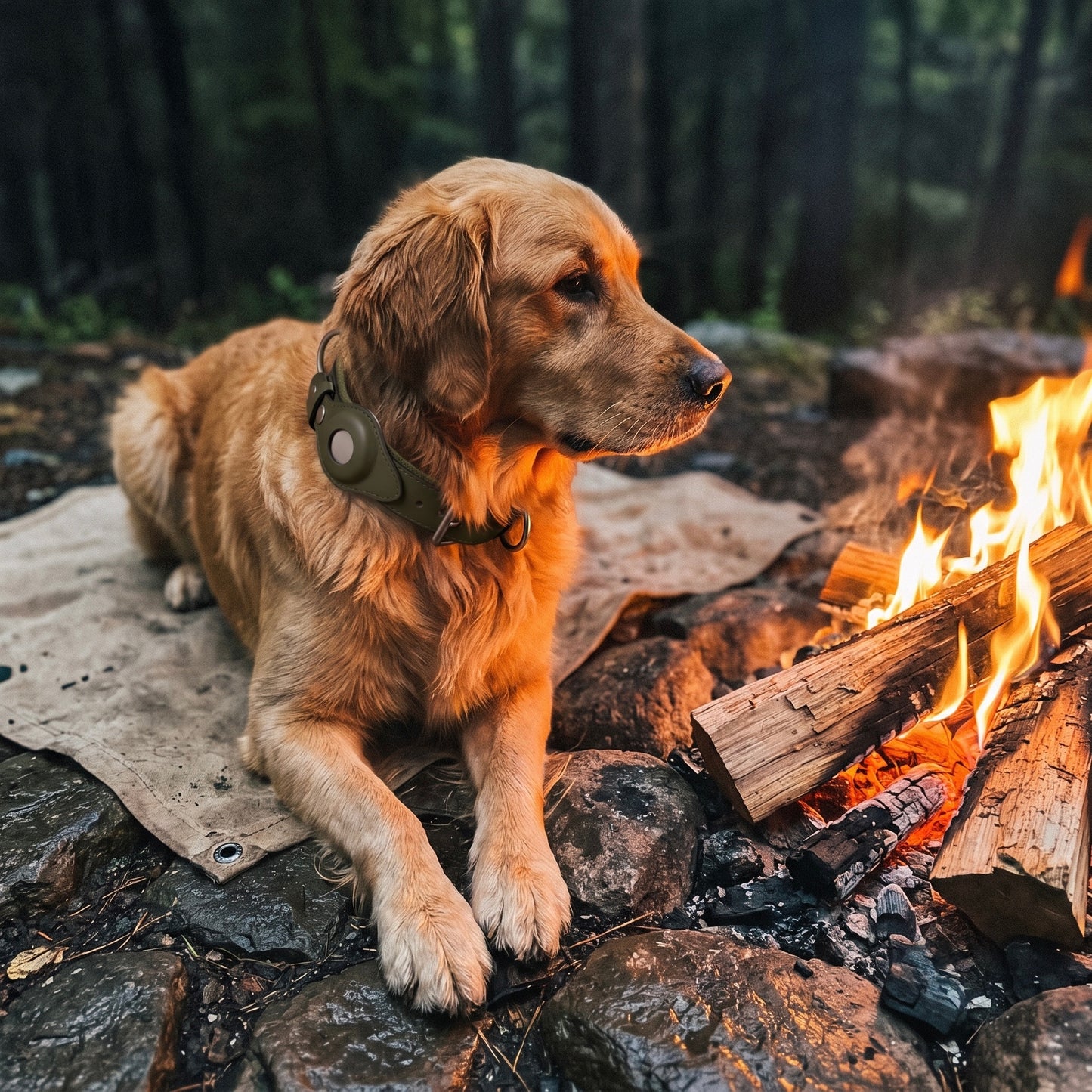 Golden Retriever resting by a campfire wearing the Midori AirTag dog collar