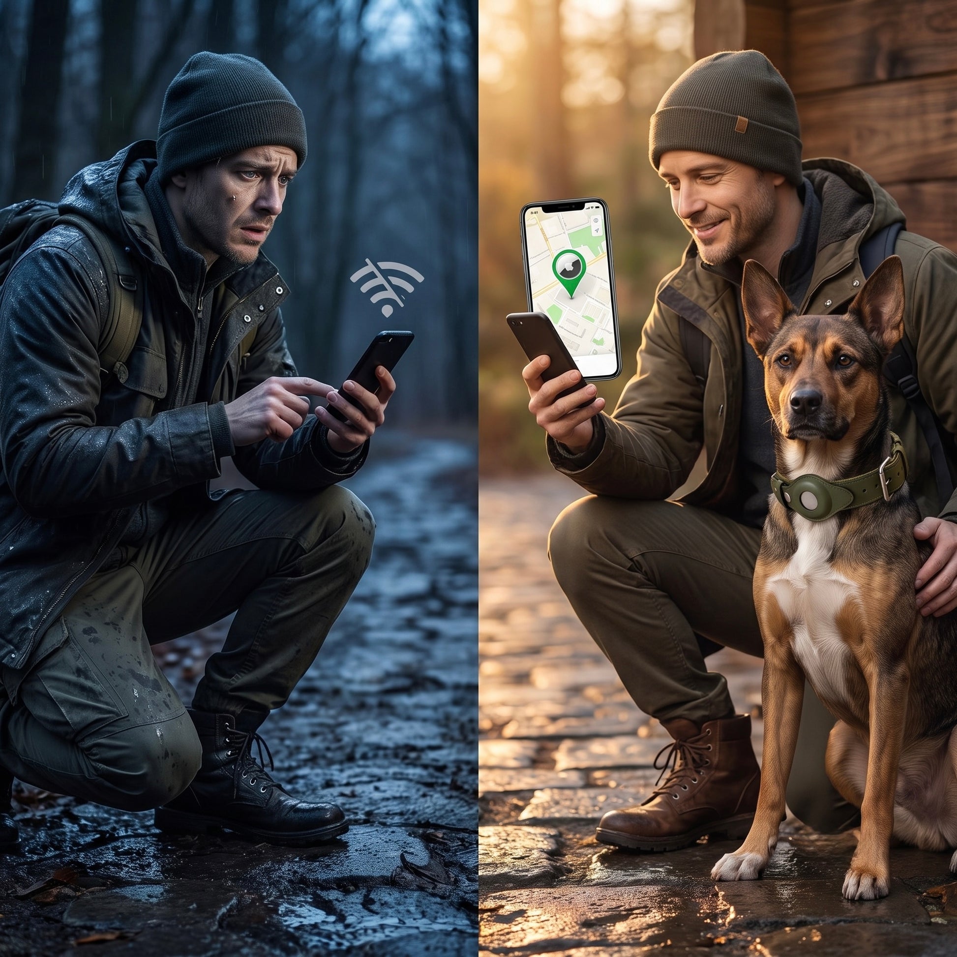 Dog owners using smartphone to track their dogs wearing Midori AirTag collars