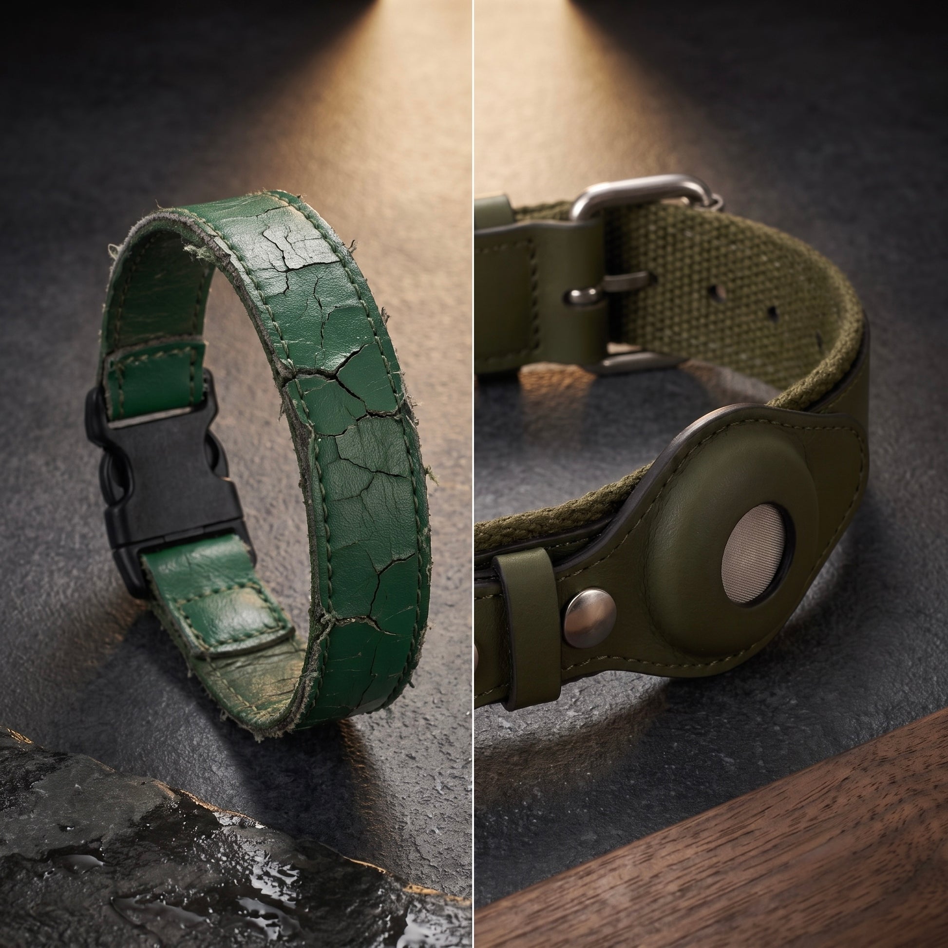 Hand holding Midori AirTag collar showing premium interior leather craftsmanship