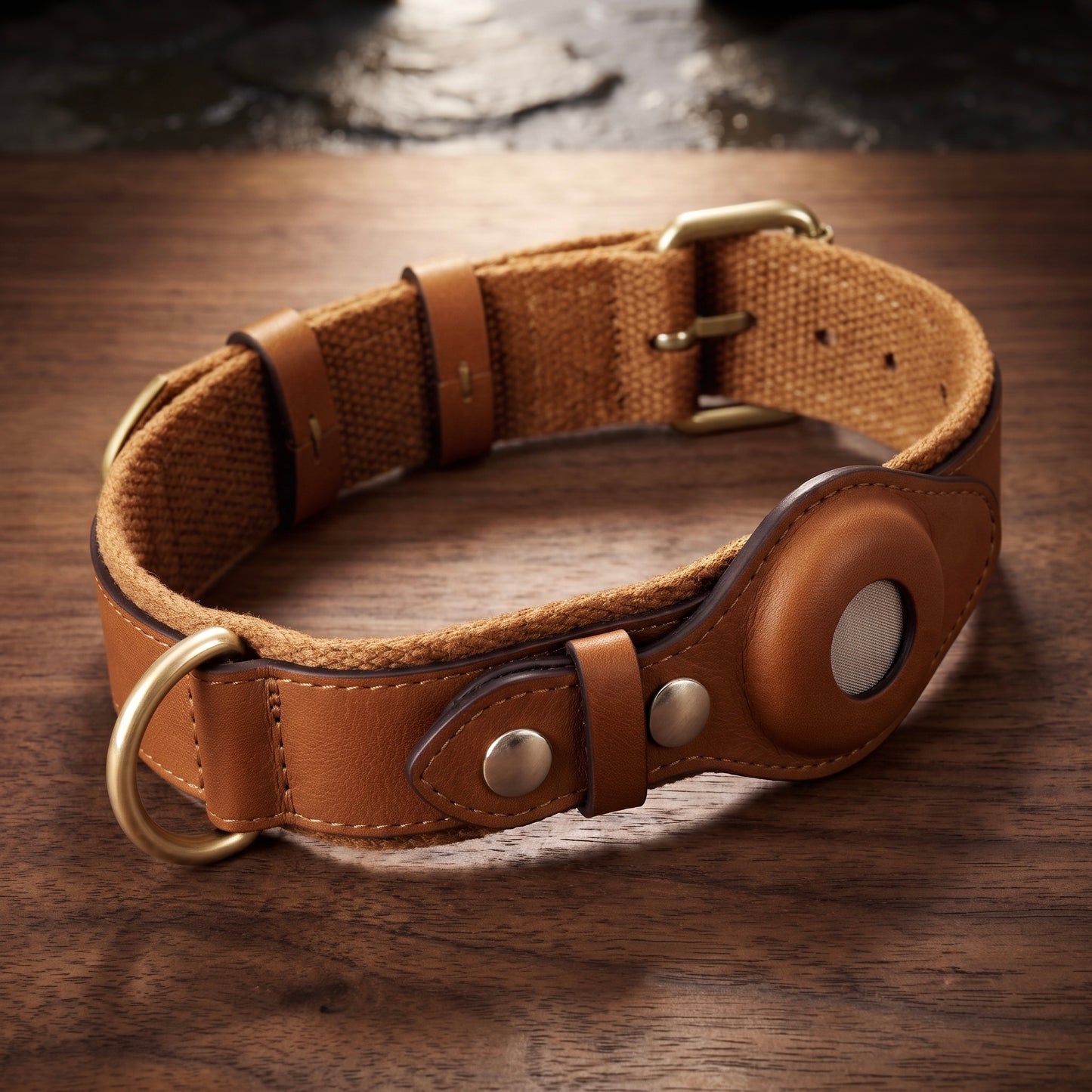 Midori Cognac brown leather AirTag dog collar product view