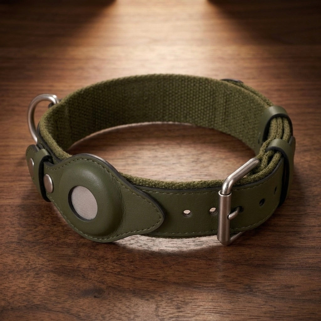 Forest Green premium genuine leather AirTag dog collar by Midori Stores