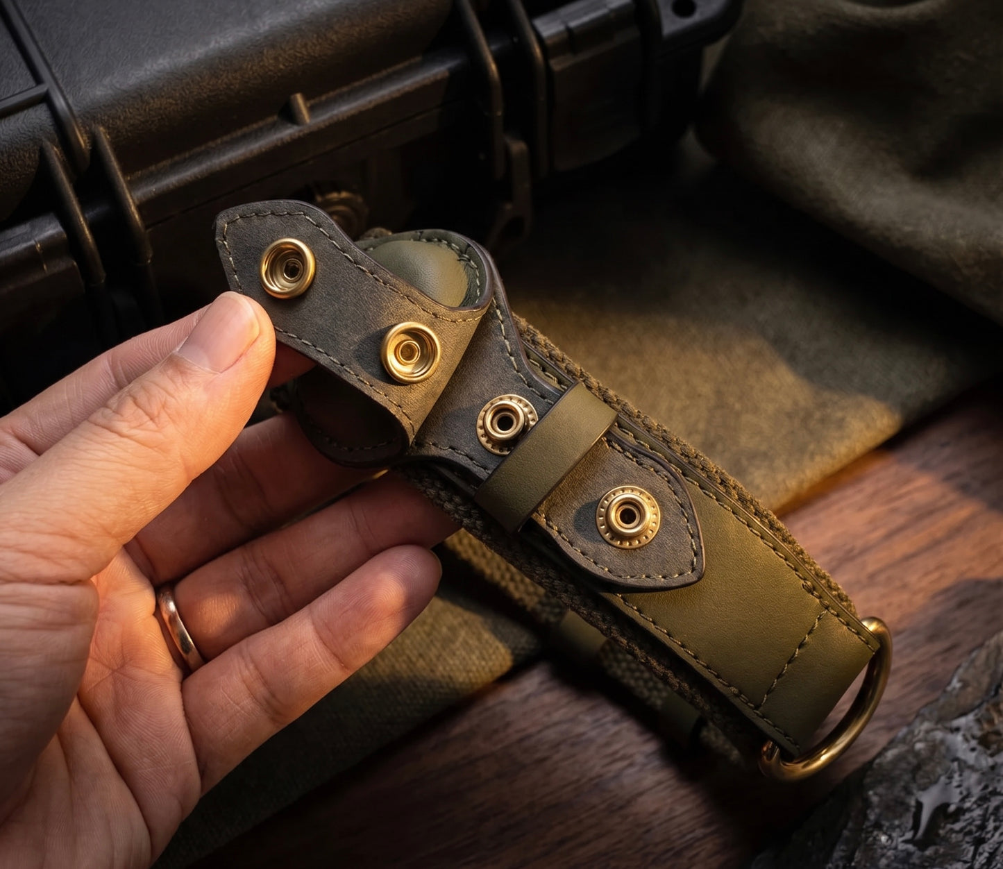 Midori Forest Green leather AirTag dog collar with heavy-duty buckle