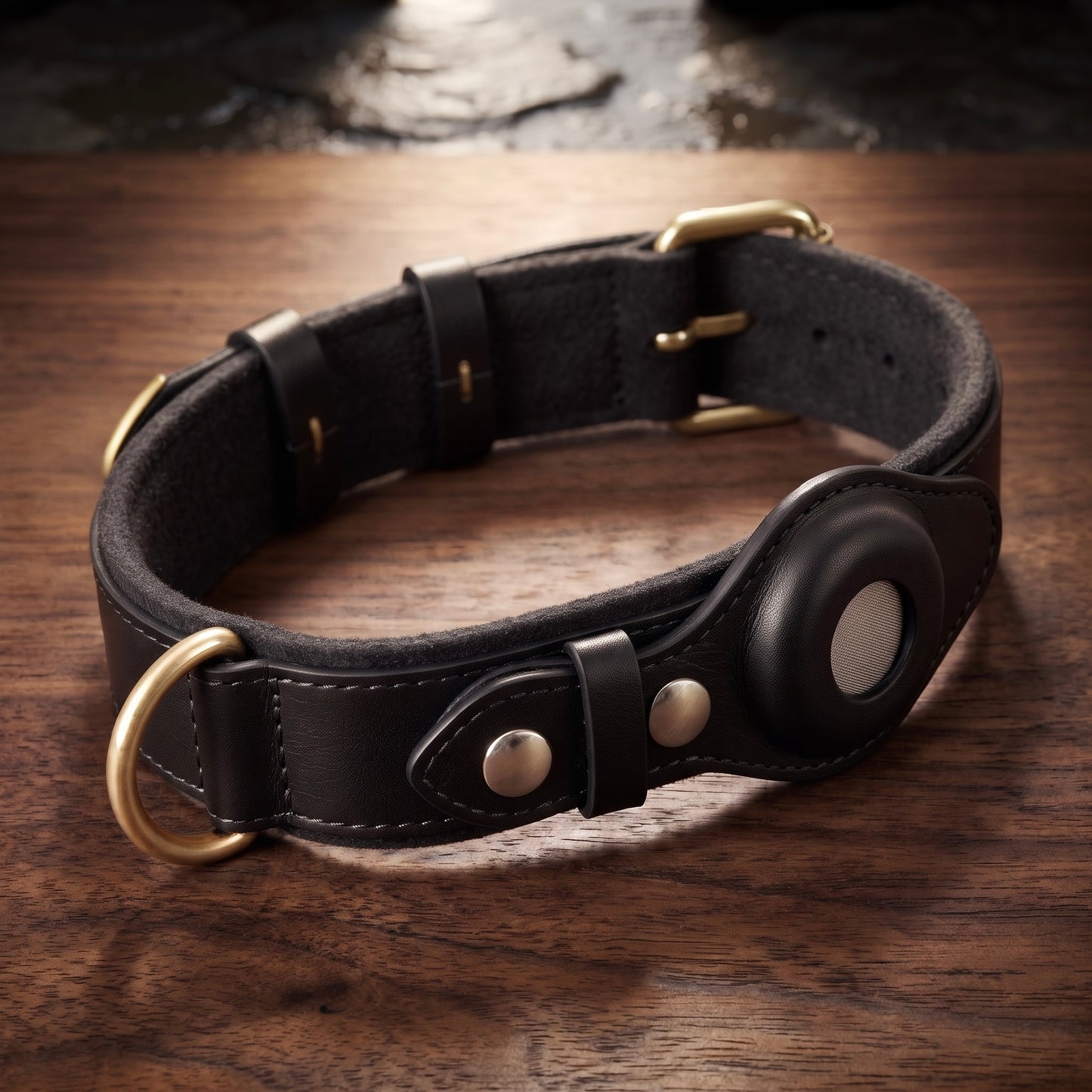 Midori Midnight Black leather AirTag dog collar with brass hardware