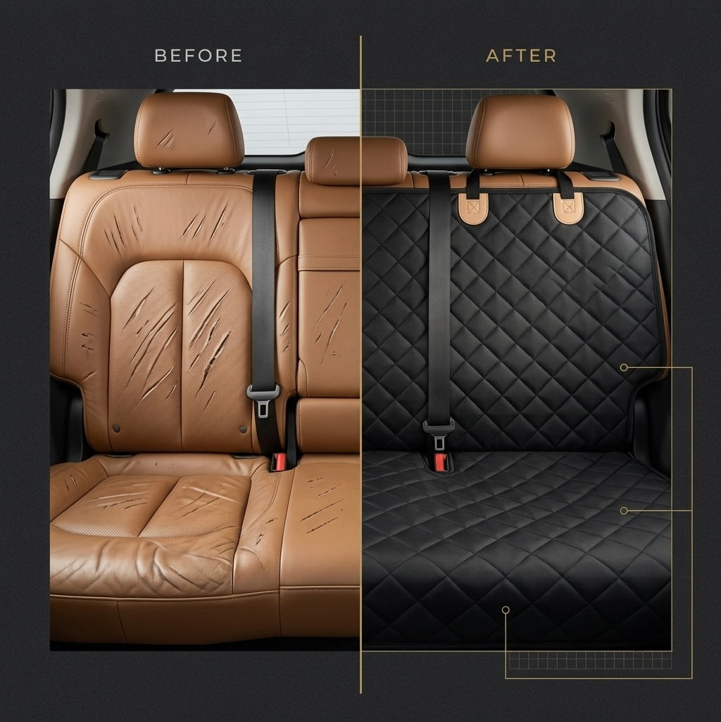 Comparison showing a ruined muddy car seat versus one fully protected by the Midori dog seat cover