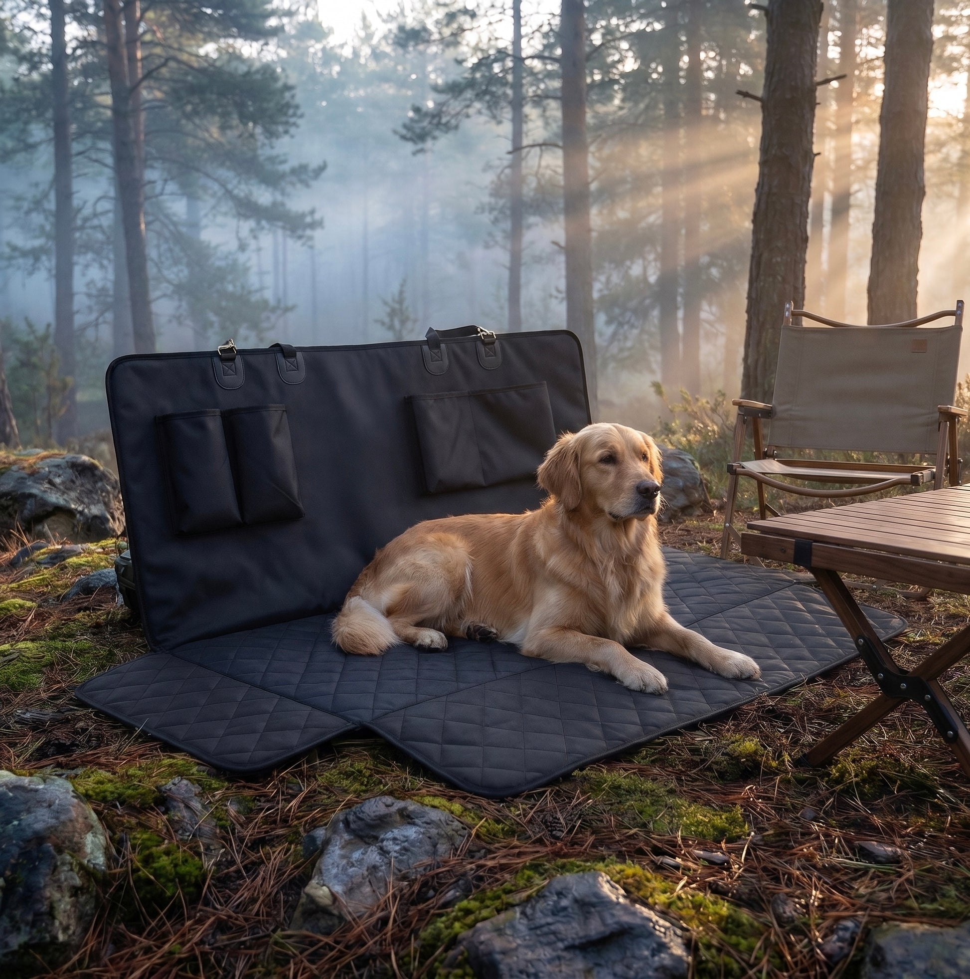 Golden Retriever resting on the Midori seat cover used as an outdoor waterproof camping mat