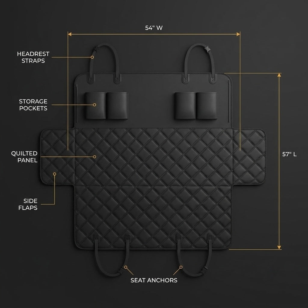 Technical dimension guide and features for the Midori universal fit dog car seat cover
