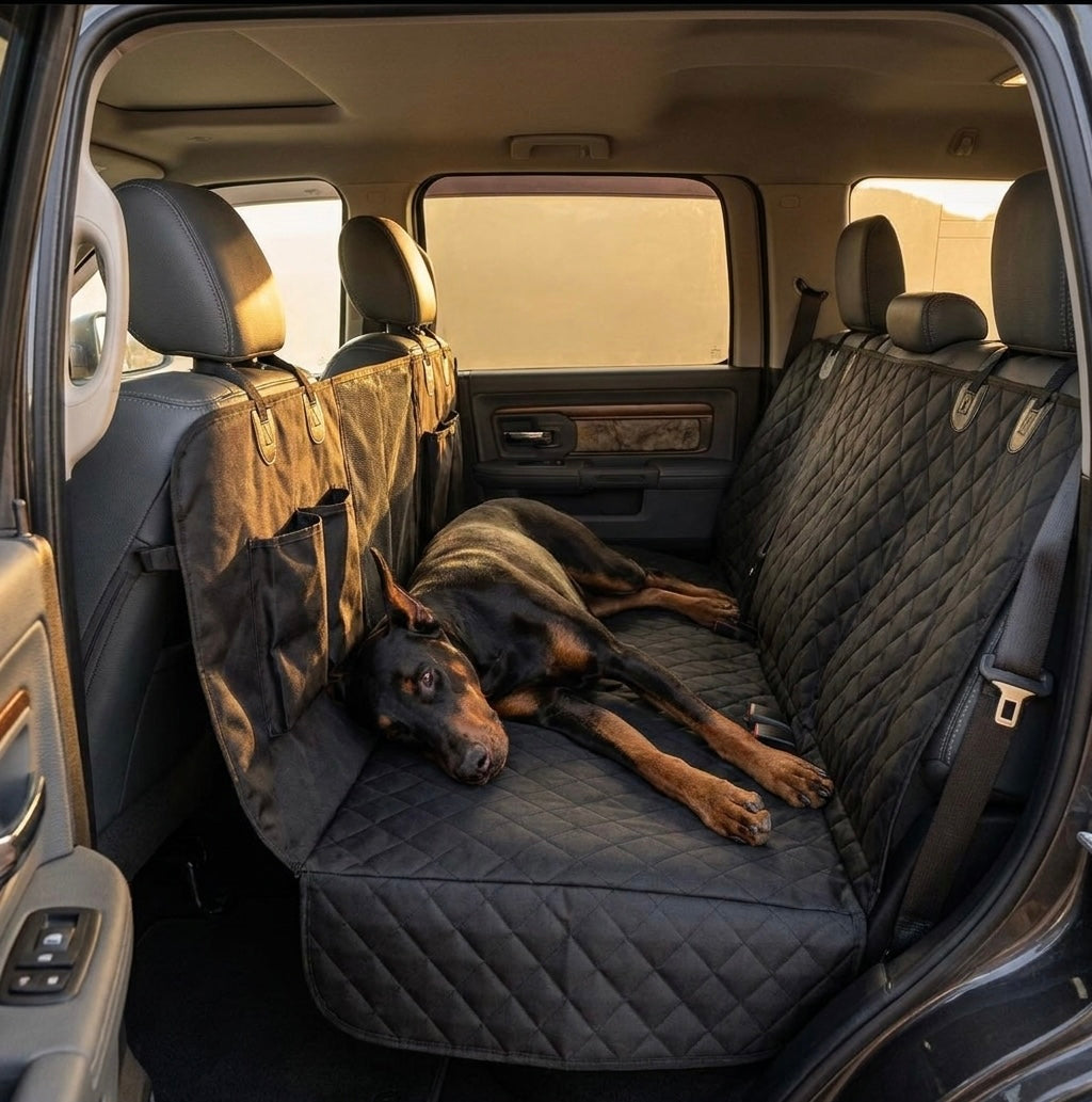 Doberman resting comfortably on the Midori scratch-proof dog car seat protector