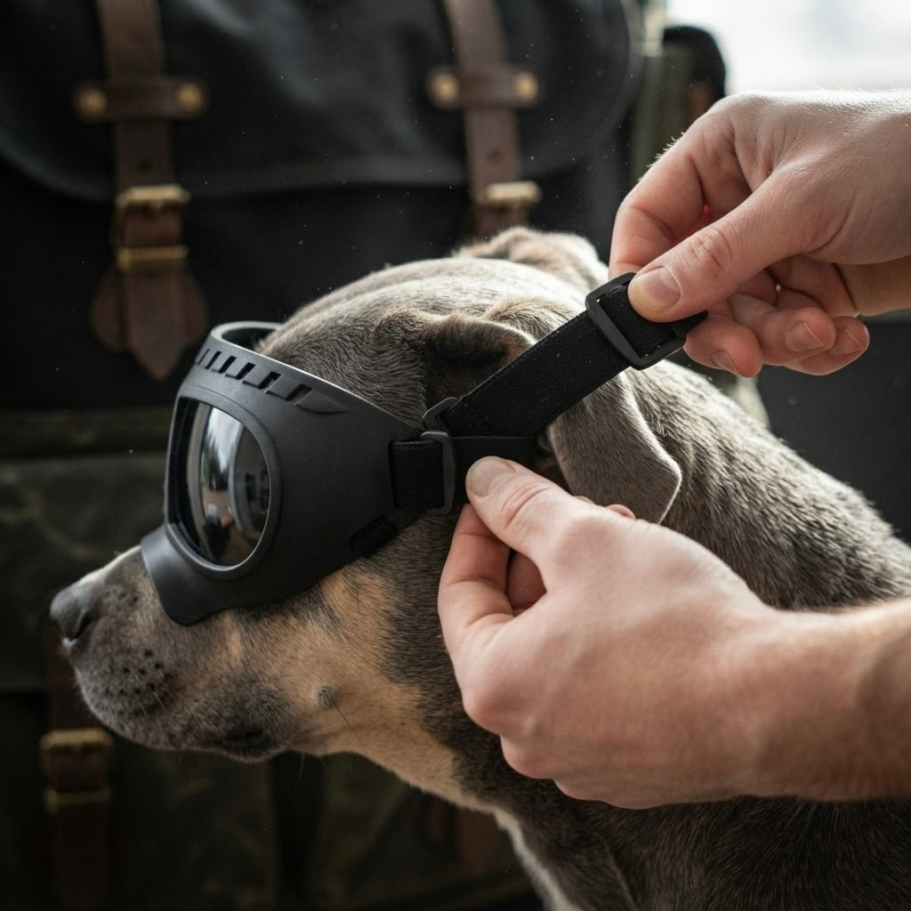 Owner adjusting the secure head and chin straps of Midori dog goggles for a comfortable fit