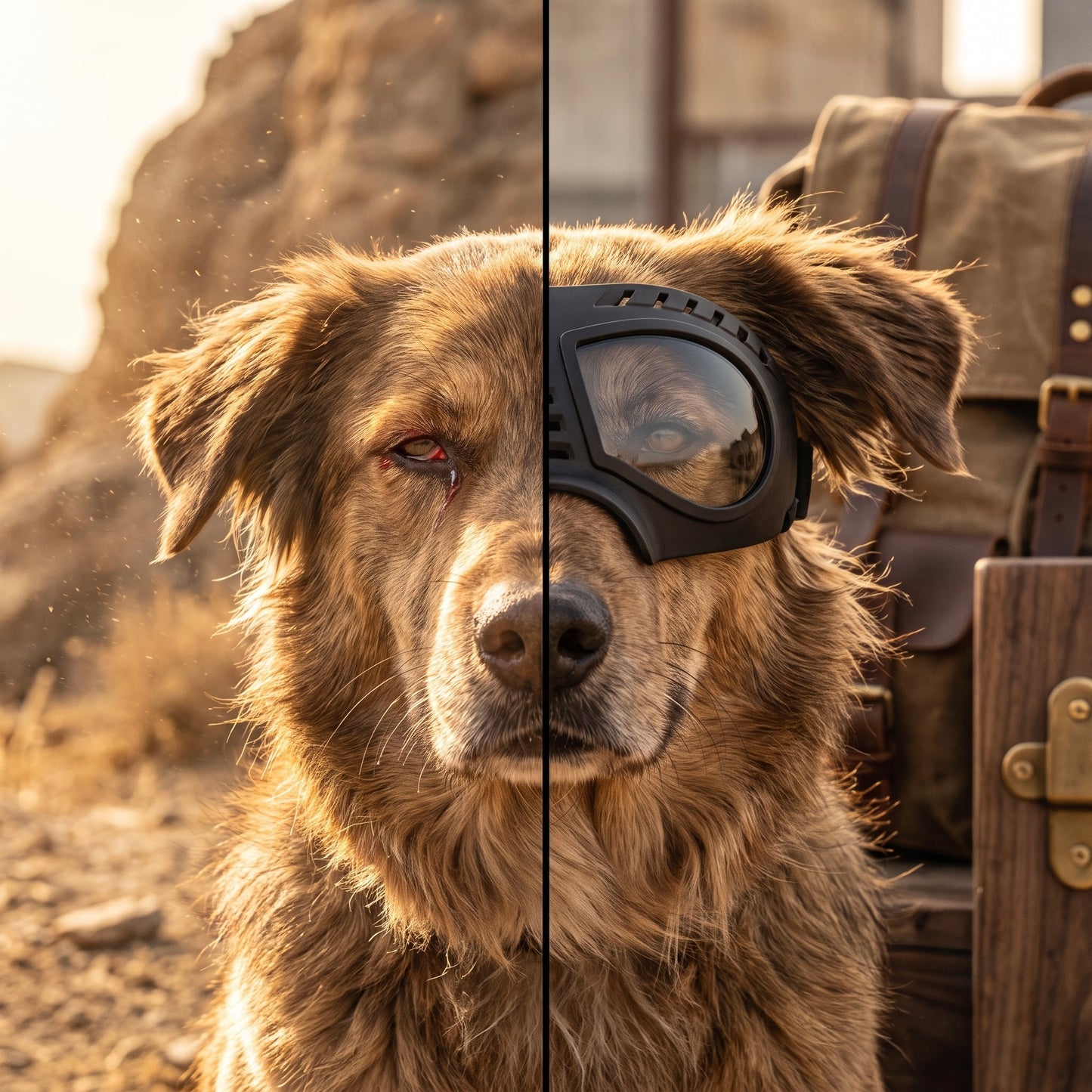 Comparison showing a dog's eyes protected from harsh wind and debris with Midori shatterproof goggles