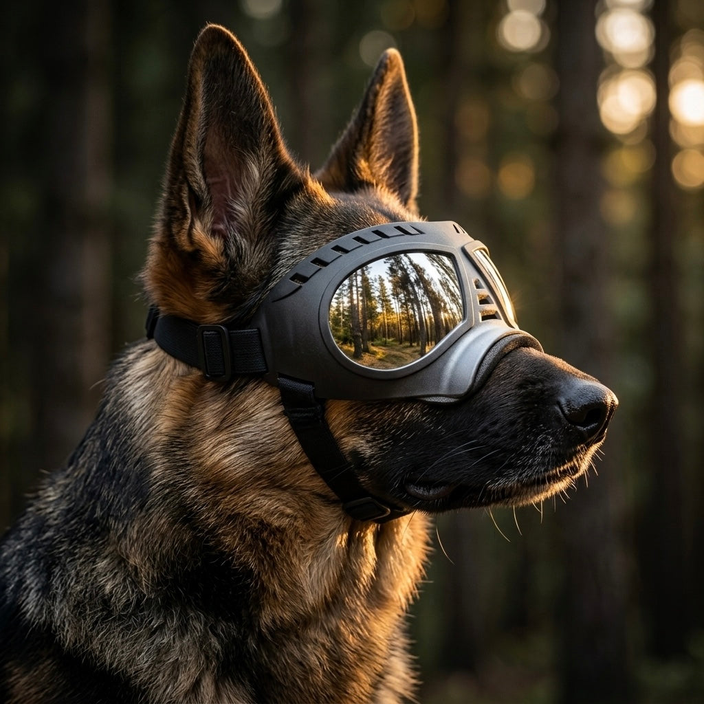 German Shepherd wearing Midori tactical dog goggles for UV protection during a forest hike