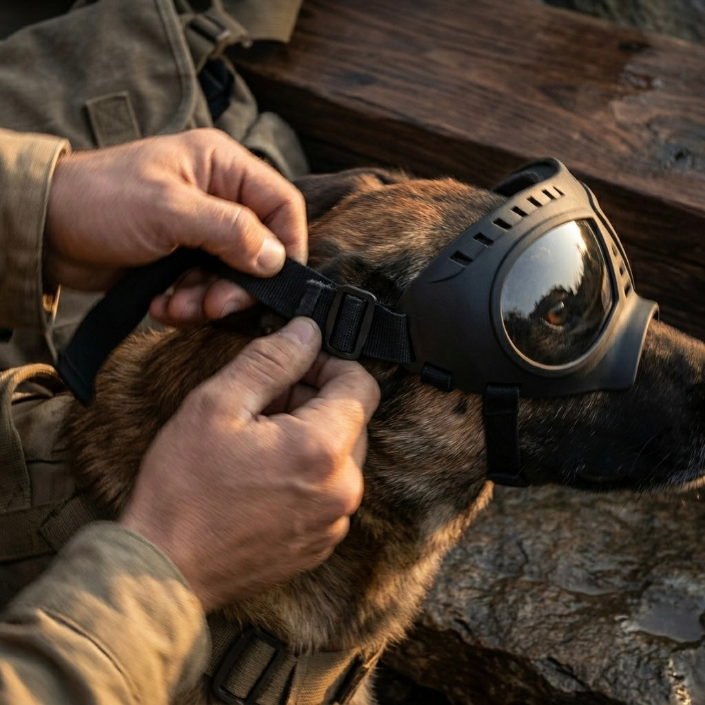 Quick and easy installation of Midori tactical dog goggles with a secure buckling system