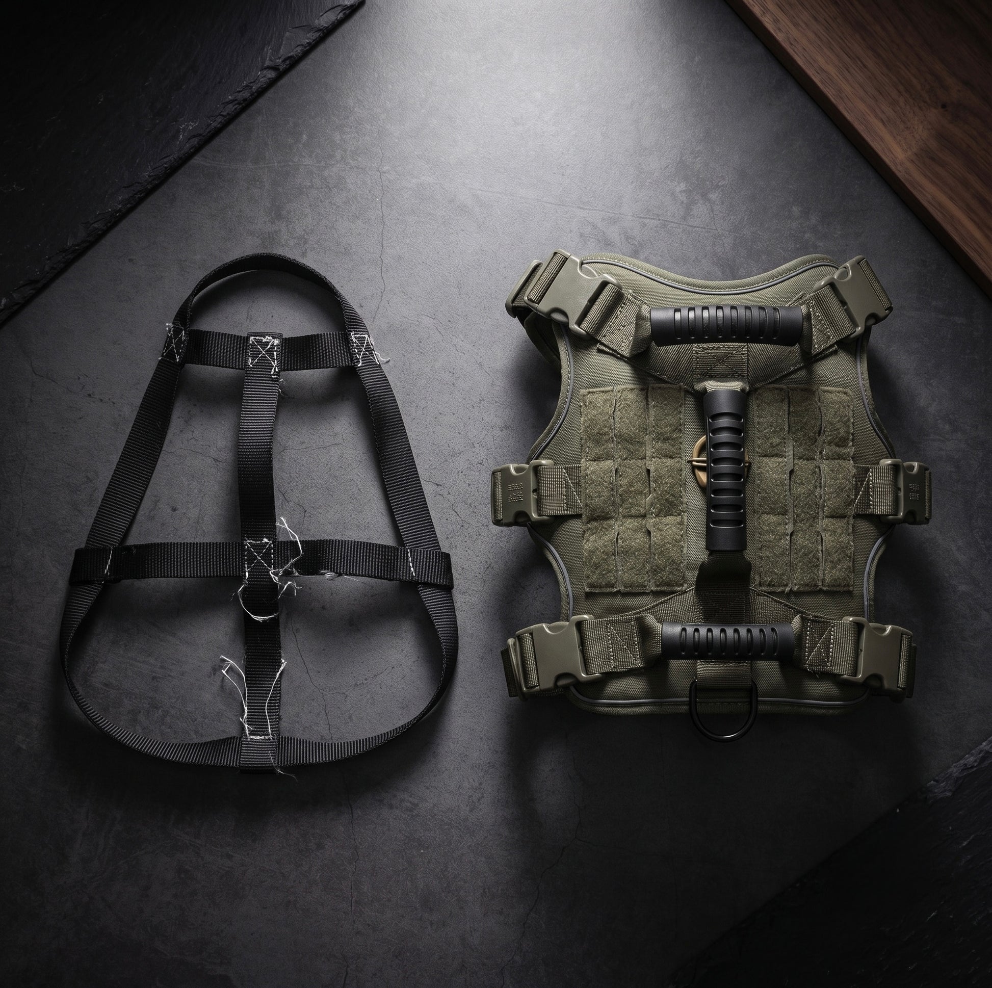 Top-down view comparing the durable Midori K9 vest structure to a cheap thin strap harness