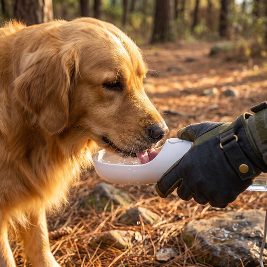 Golden Retriever drinking fresh water from Midori portable dog travel flask during a hike