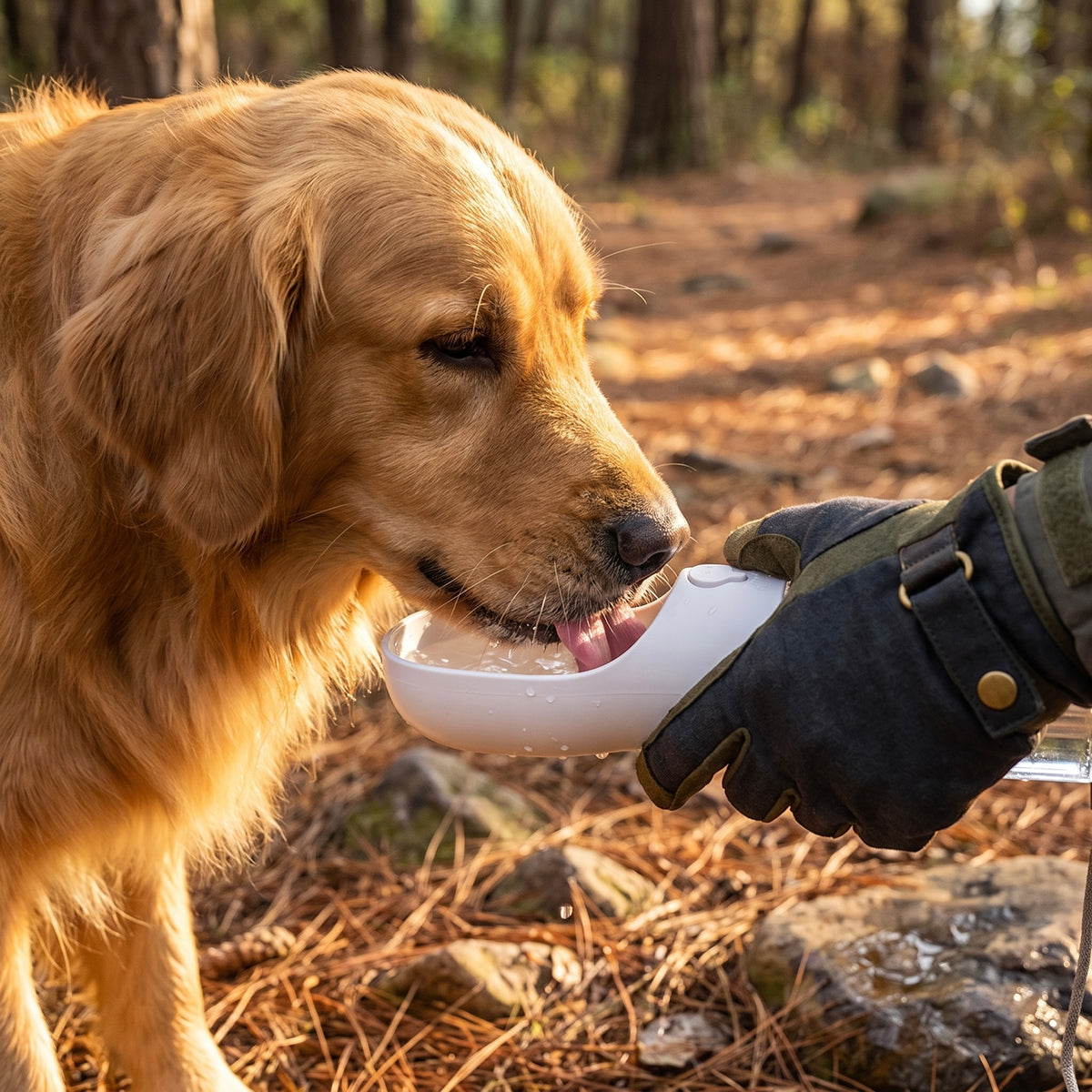 Golden Retriever drinking fresh water from Midori portable dog travel flask during a hike
