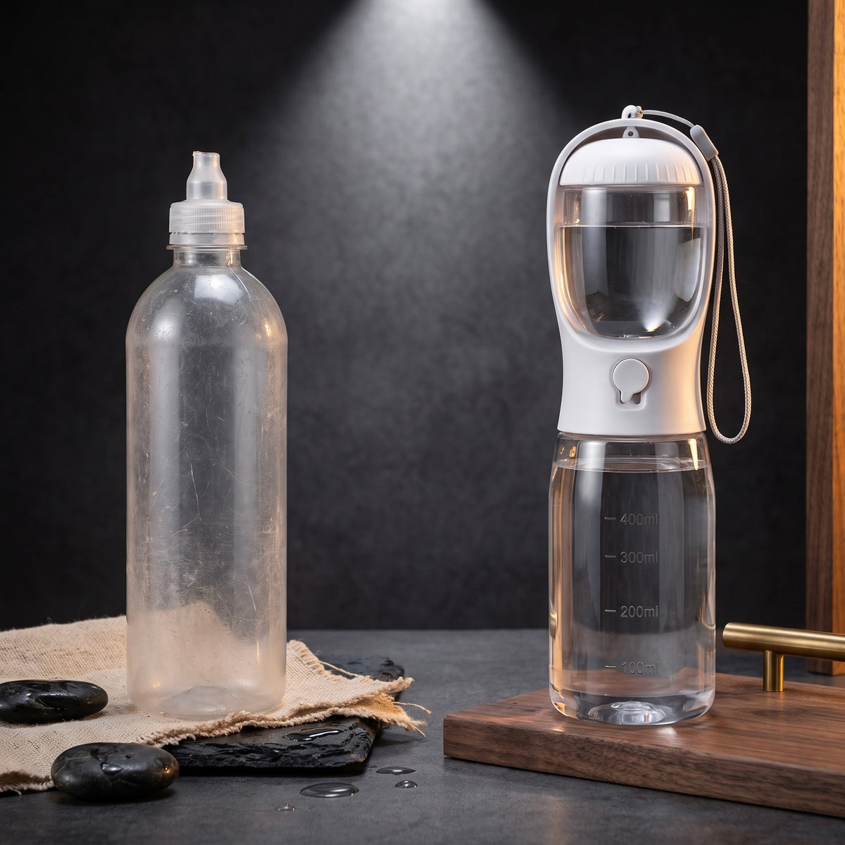 Quality comparison showing the 100% leak-proof Midori dog water bottle versus a cheap, leaking alternative