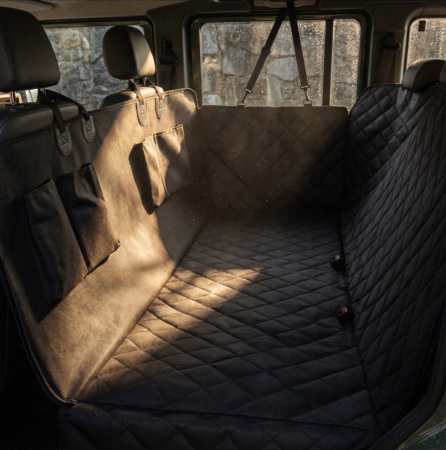 Midori heavy-duty waterproof dog car seat cover installed in hammock style