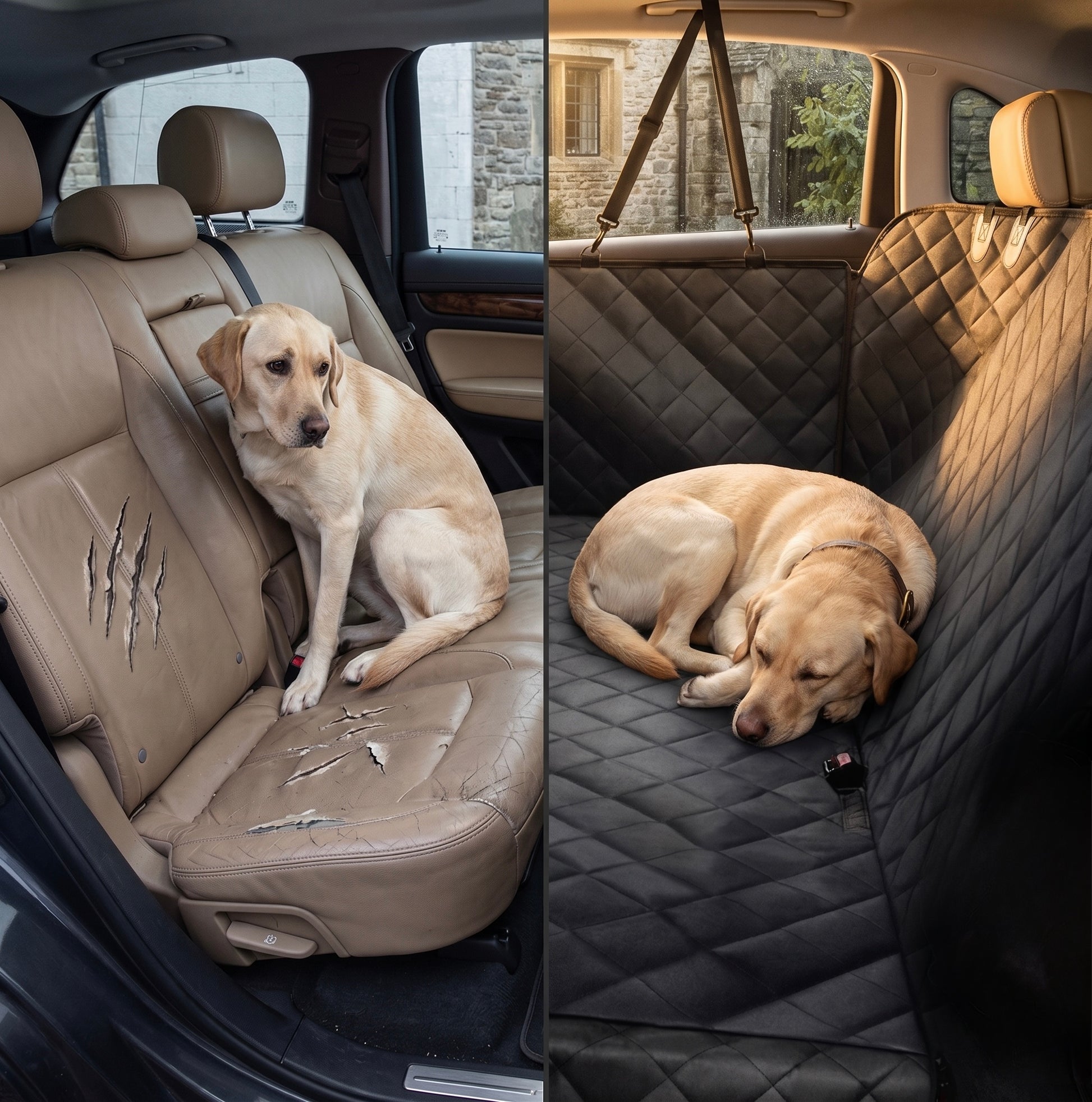 Before and after comparison showing scratched leather seats prevented by the Midori heavy-duty seat cover