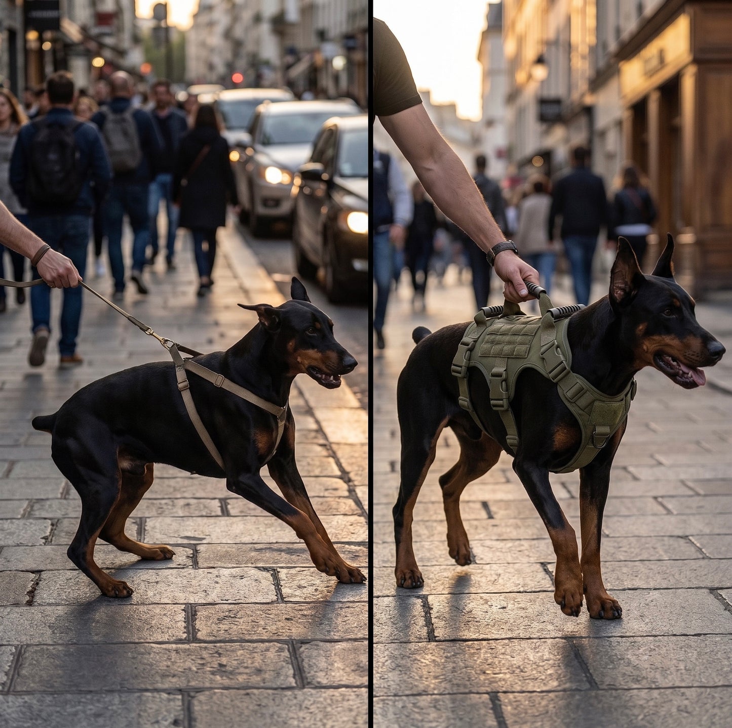 Comparison showing a dog pulling on a standard leash versus walking calmly with the Midori no-pull tactical harness