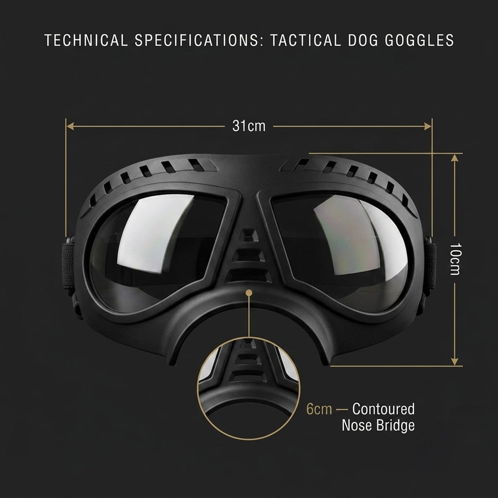 Technical size guide and dimensions for Midori tactical dog goggles to ensure a secure fit