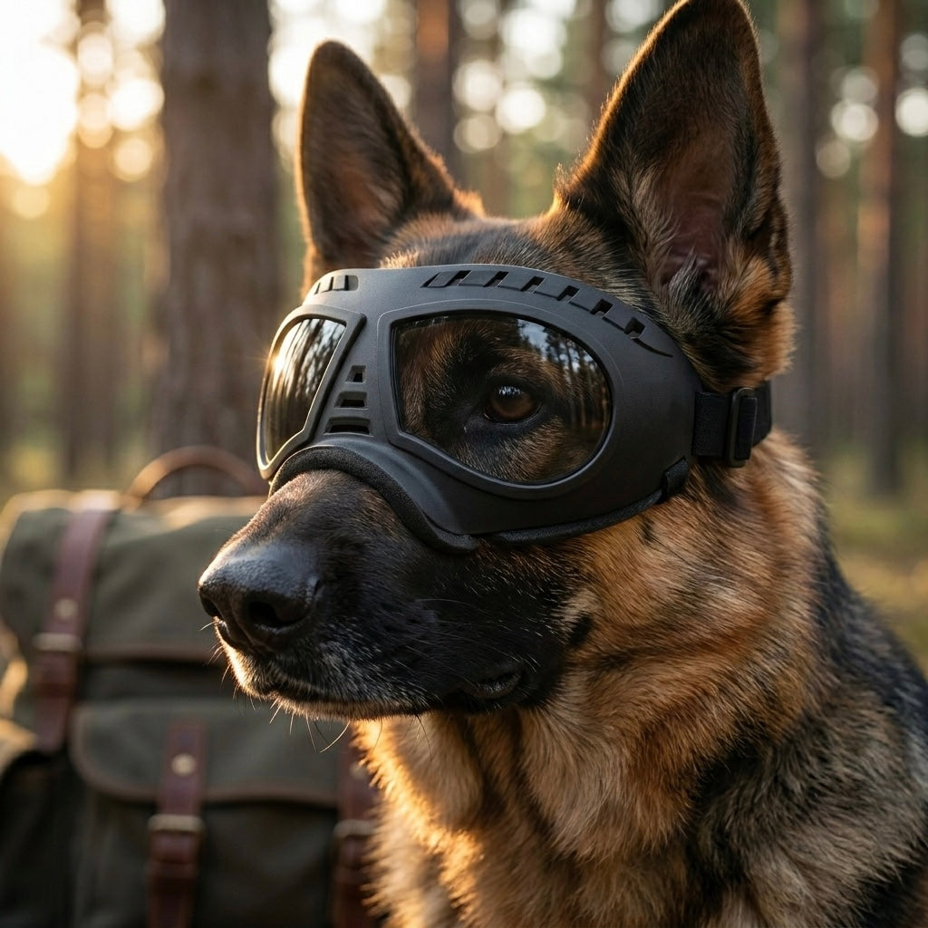 Front profile of a German Shepherd confidently wearing Midori tactical dog goggles in the woods