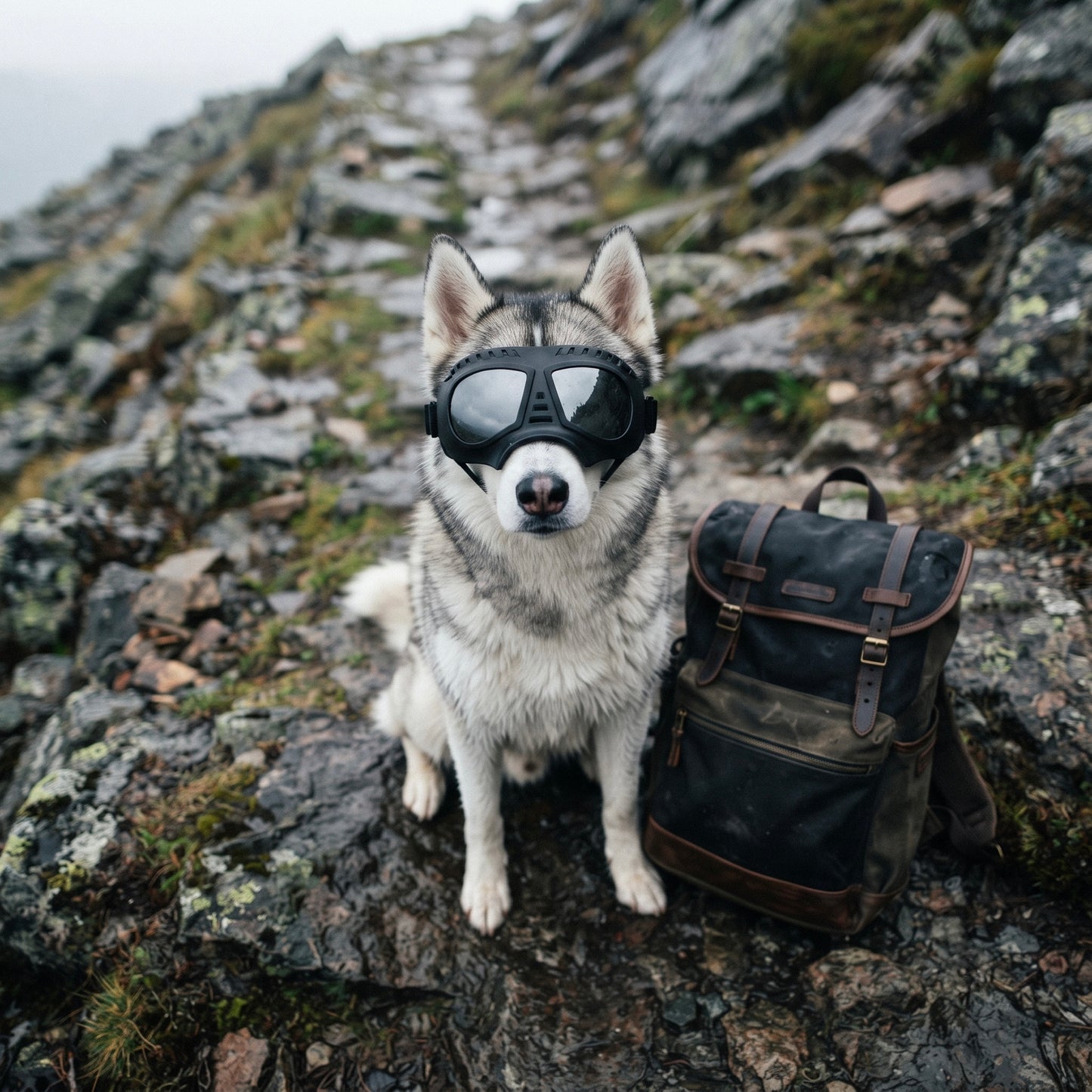 Husky wearing Midori UV protection tactical goggles while resting on a rocky mountain trail