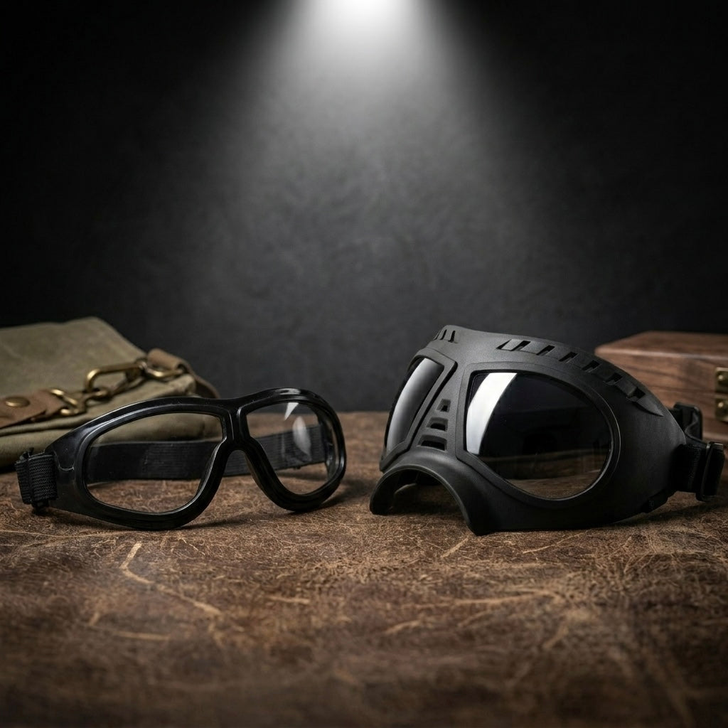 Quality comparison showing the heavy-duty Midori tactical dog goggles next to a cheap, flimsy market alternative