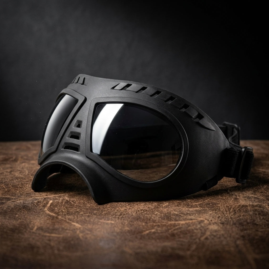 Stealth Black heavy-duty tactical dog goggles by Midori Stores for extreme UV and wind protection