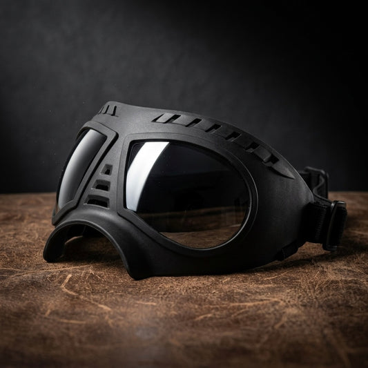 Stealth Black heavy-duty tactical dog goggles by Midori Stores for extreme UV and wind protection