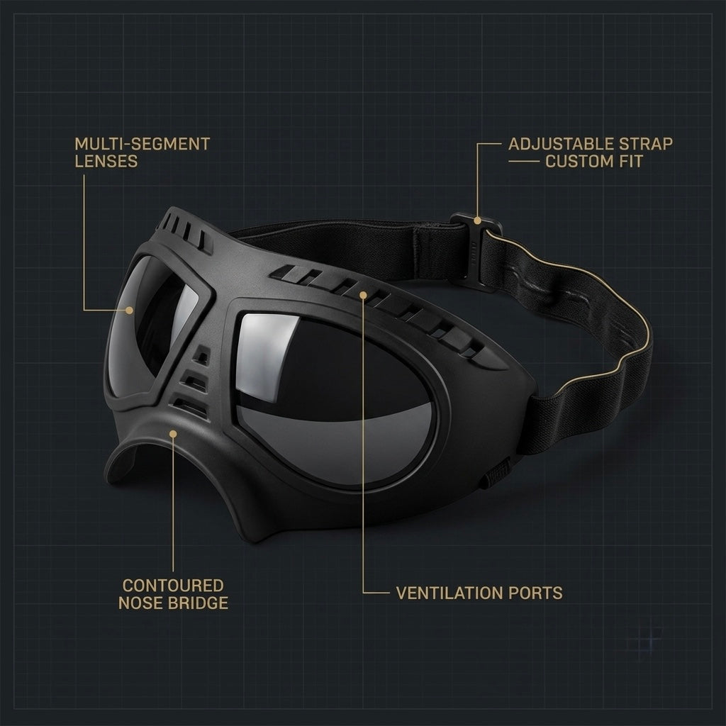 Detailed features of Midori dog goggles showing ventilation ports and shatterproof lenses