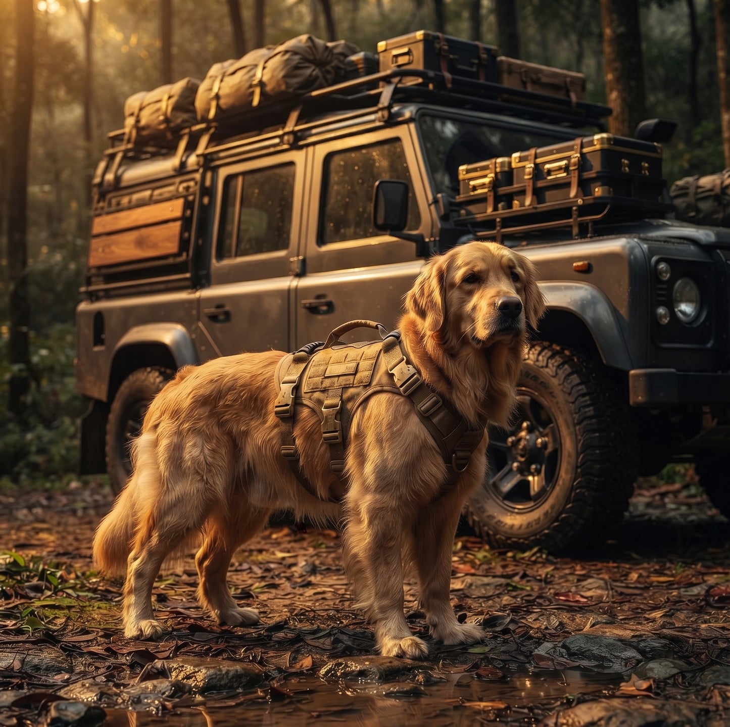 Golden Retriever wearing the Coyote Brown Midori tactical harness ready for an off-road adventure
