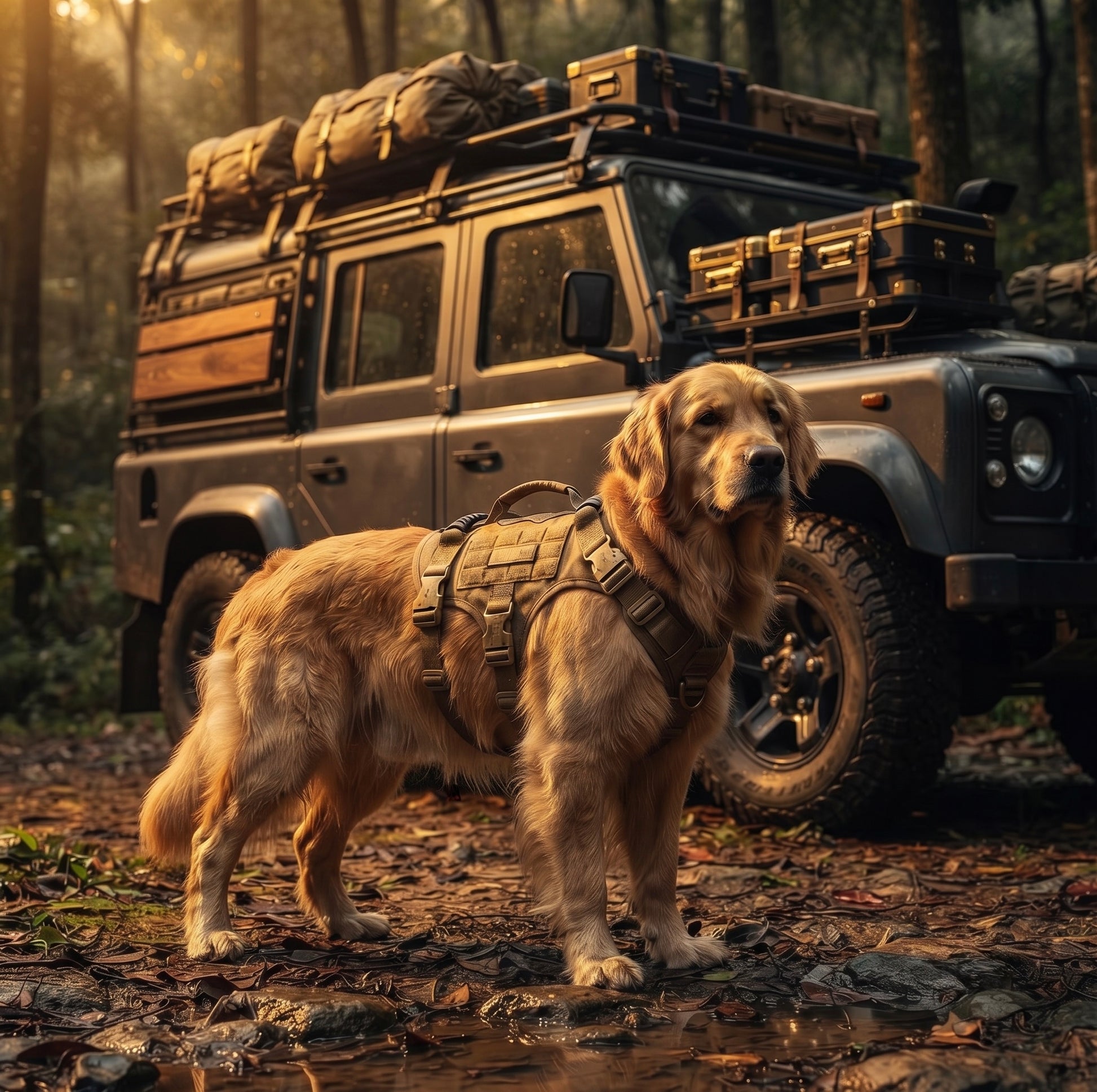 Golden Retriever wearing the Coyote Brown Midori tactical harness ready for an off-road adventure
