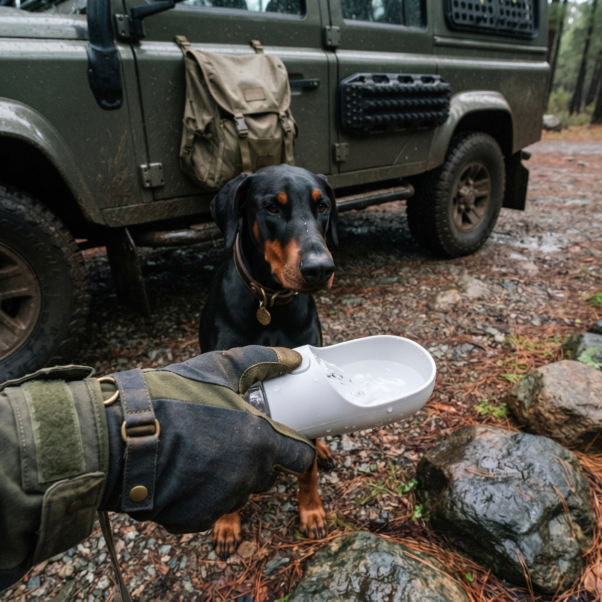 Doberman resting next to an off-road vehicle while owner holds the Midori tactical dog water bottle