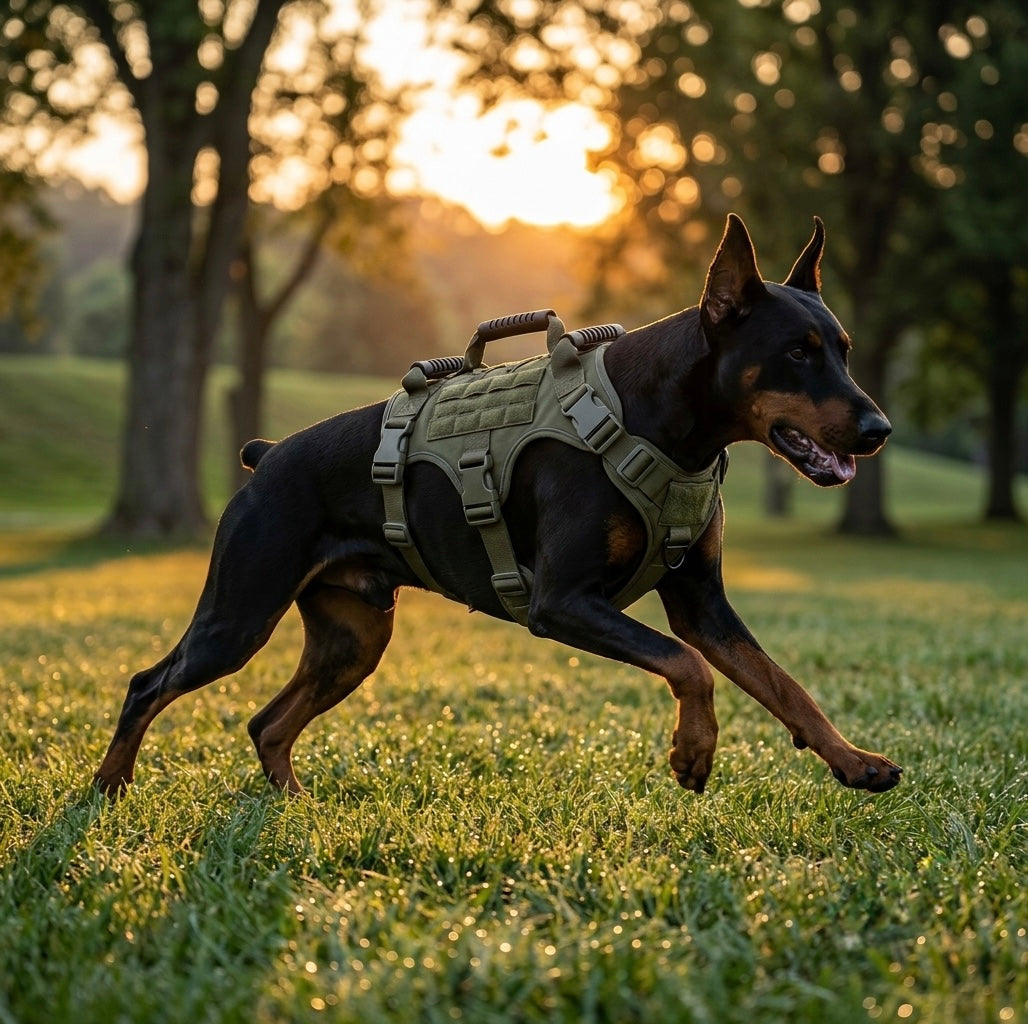 Doberman running comfortably in a park wearing the Ranger Green Midori tactical dog harness